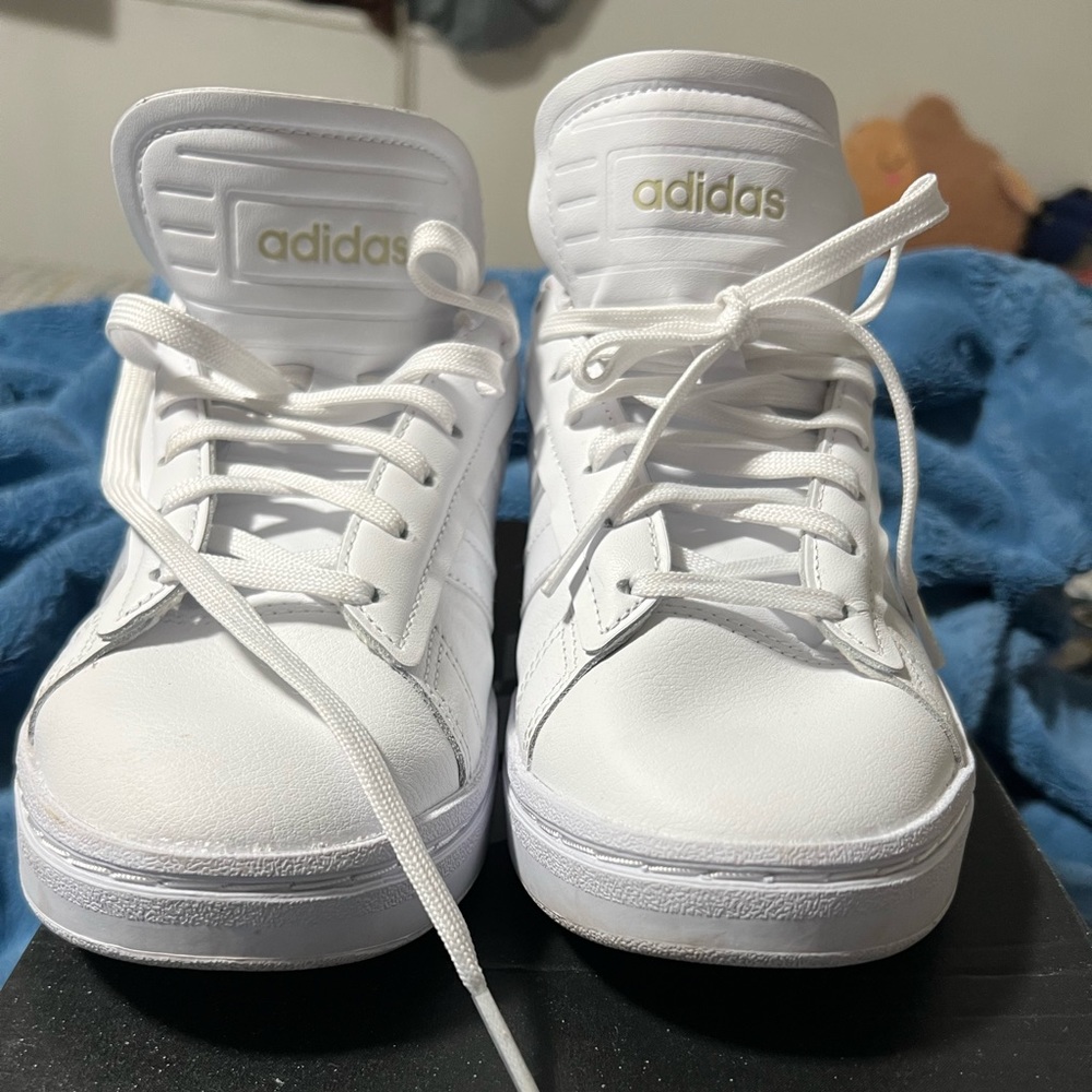 Adidas Grand Court Alpha white leather tennis shoes. First pic shows true color